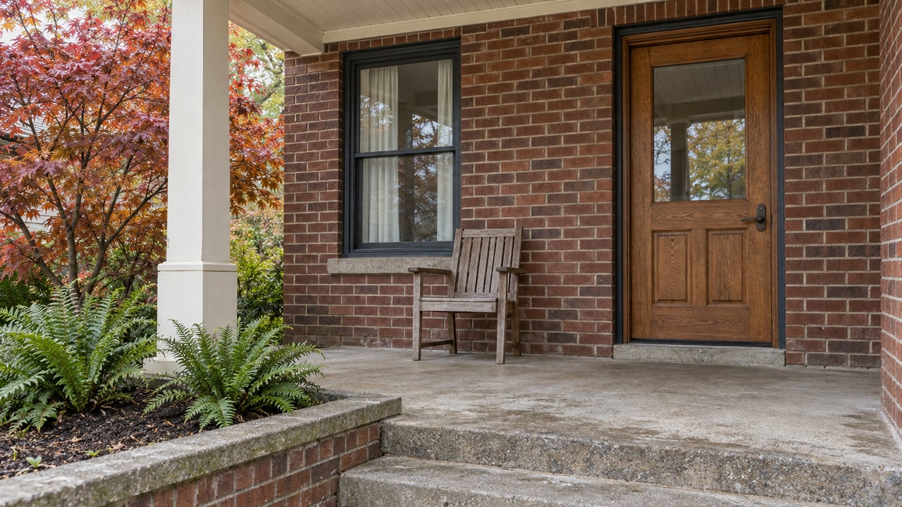A brick home's covered porch with an oak glazed door, one wooden chair, worn concrete steps and copper-red maple leaves.