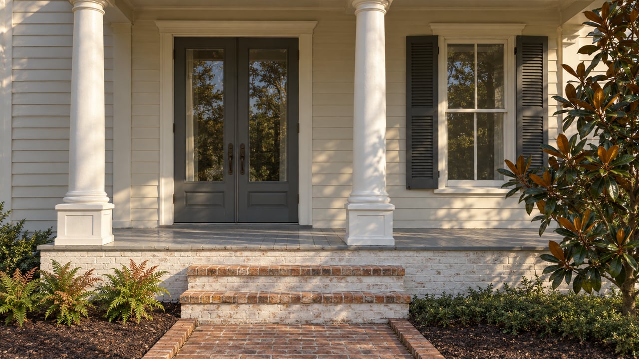 Cream weatherboard home with timber porch columns, glazed French doors, tall shutters and worn brick entry steps beside ferns and a magnolia.