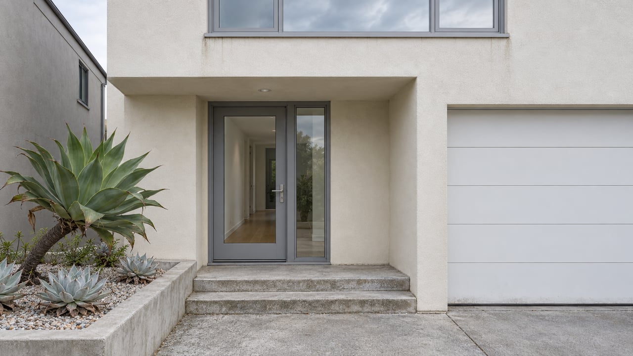 Cream stucco home's recessed glazed entrance beside a white garage, with a shallow concrete forecourt and raised succulent bed in soft winter light.