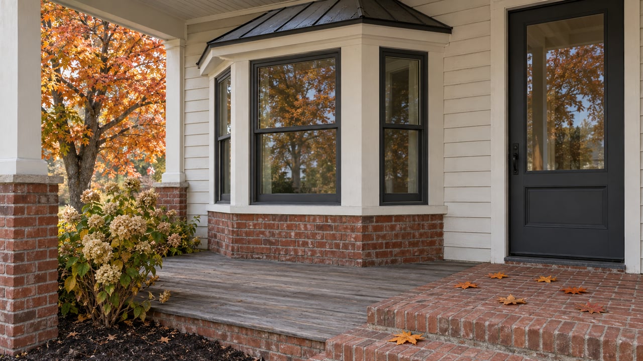 An autumn entry porch with weathered wood flooring, red brick, off-white clapboards, and a glazed bay window beside an amber-leaved sugar maple.