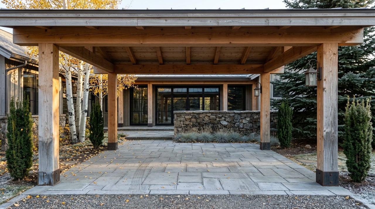 Timber portico frames a quartzite motor court, stone wall, and autumn aspens beside a mountain home.