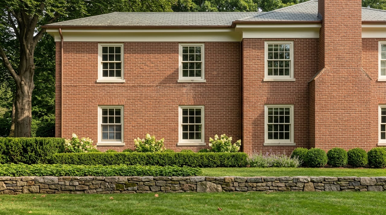 Brick Georgian side elevation with divided-light windows, a fieldstone garden wall, and a mature beech tree.