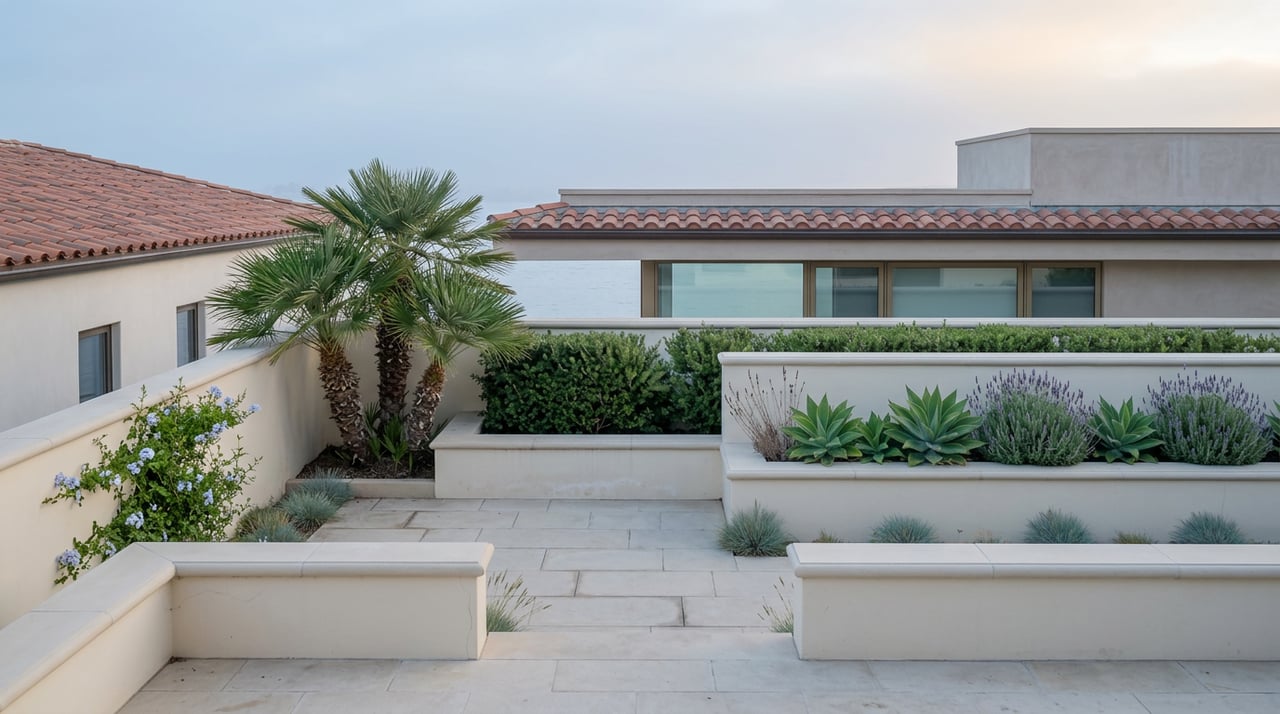 A narrow coastal garden with agaves, lavender, and a small palm, viewed from a limestone terrace toward a tiled roof.