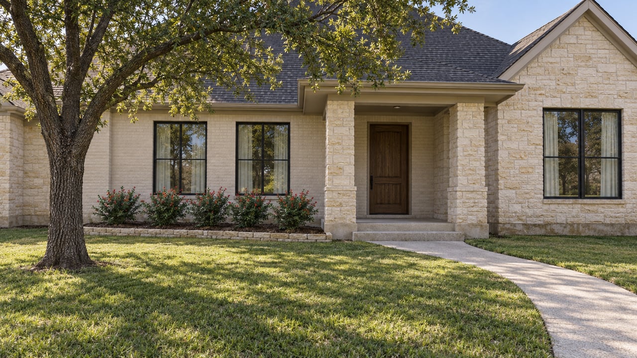A limestone and painted-brick home with a covered oak entry, black-framed windows and a deep lawn beneath a mature post oak.