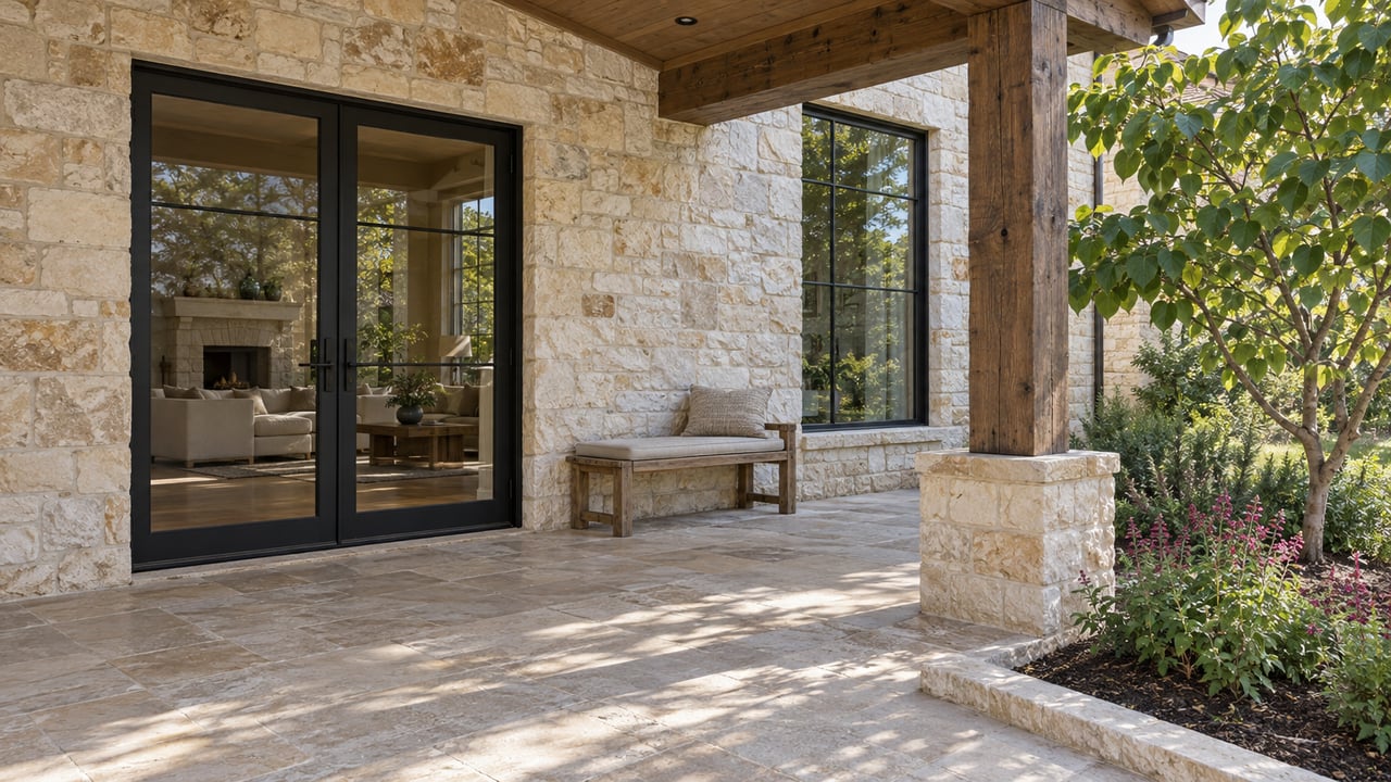 Light limestone home with a timber-roofed terrace, closed black-framed glass doors, a teak bench and a redbud beside a curbed planting bed.