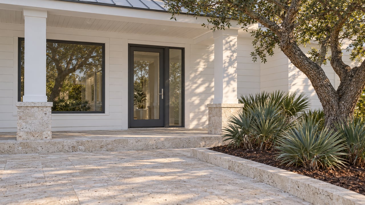 White lap-sided home with a shaded glazed entrance, limestone approach and sculptural live oak beside silver-green saw palmettos.