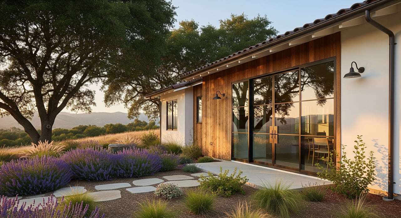Modern house with wood siding and glass doors, purple flowers, and a large oak tree.