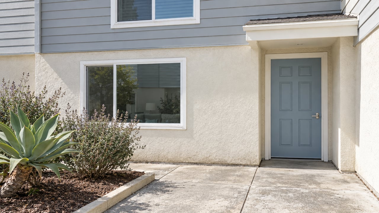Sunlit attached-home entrance with gray lap siding, cream stucco, a powder-blue door and agave beside a concrete approach.