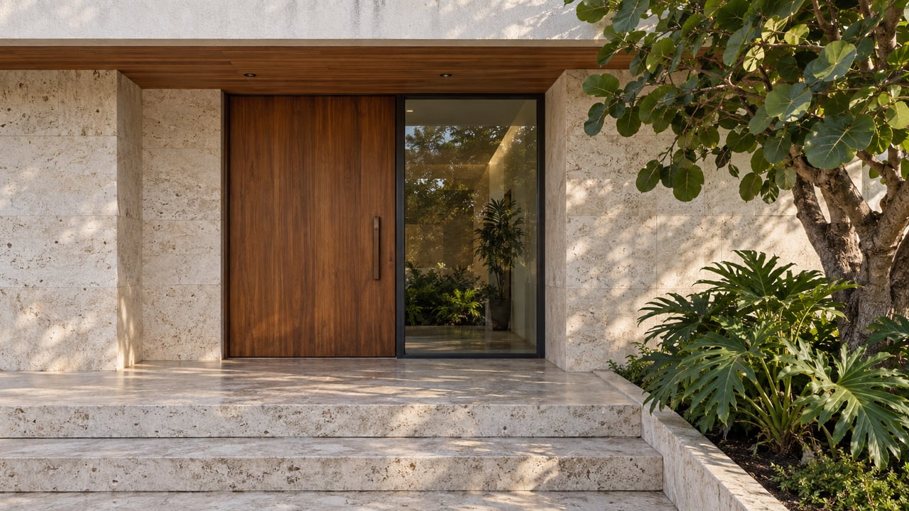 Covered home entrance with a teak door, limestone steps, sealed glass sidelight, and tropical specimen planting.