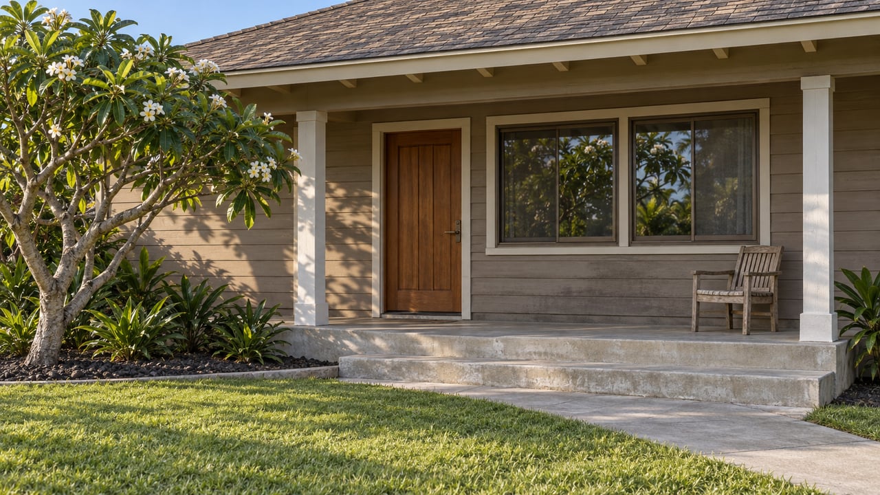 Sunlit taupe-sided single-story home with a shaded concrete lanai, bronze-framed windows and a white-flowering plumeria beside the lawn.