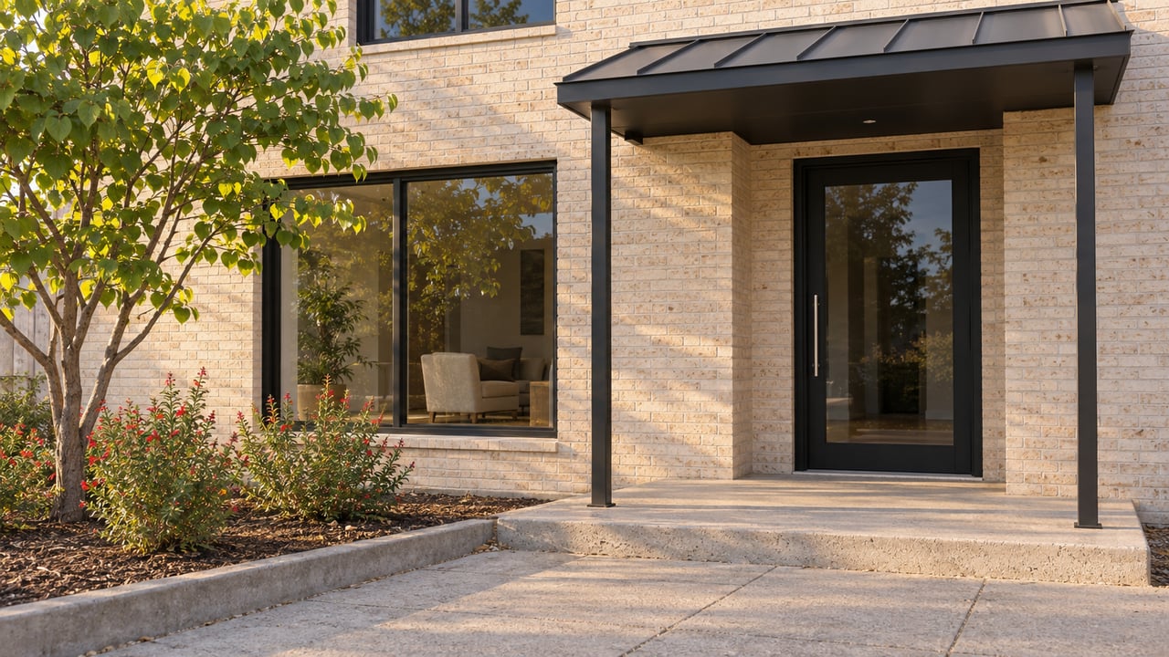 Light-brick residential entrance with a charcoal metal canopy, black-framed glazing, concrete steps, and a small redbud planting pocket.