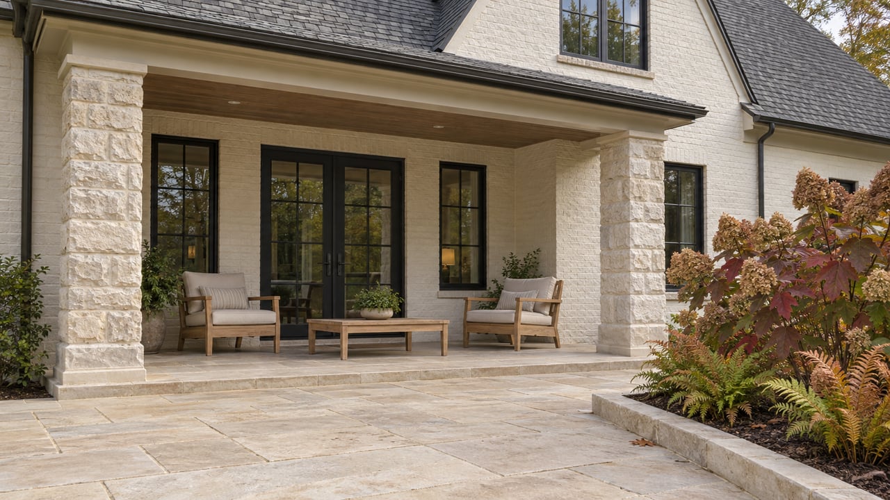 Weathered limestone terrace and covered porch of a cream-painted brick home, with teak chairs and oakleaf hydrangeas showing autumn color.