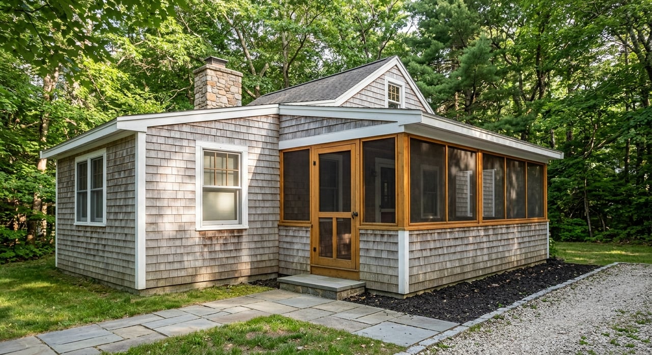 Cedar-shingled cottage with a screened porch, stone chimney, bluestone steps, and leafy trees overhead.