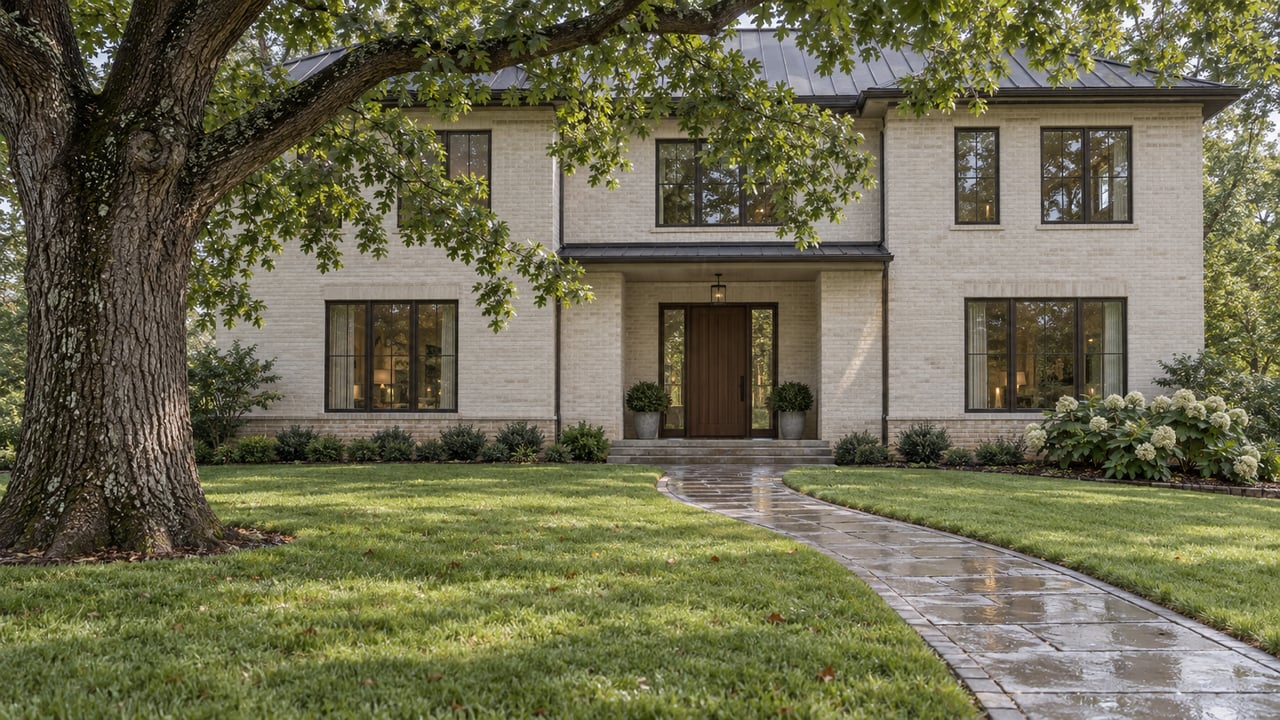 Off-white brick home set behind a broad lawn, framed by a mature oak and a curving stone walk.
