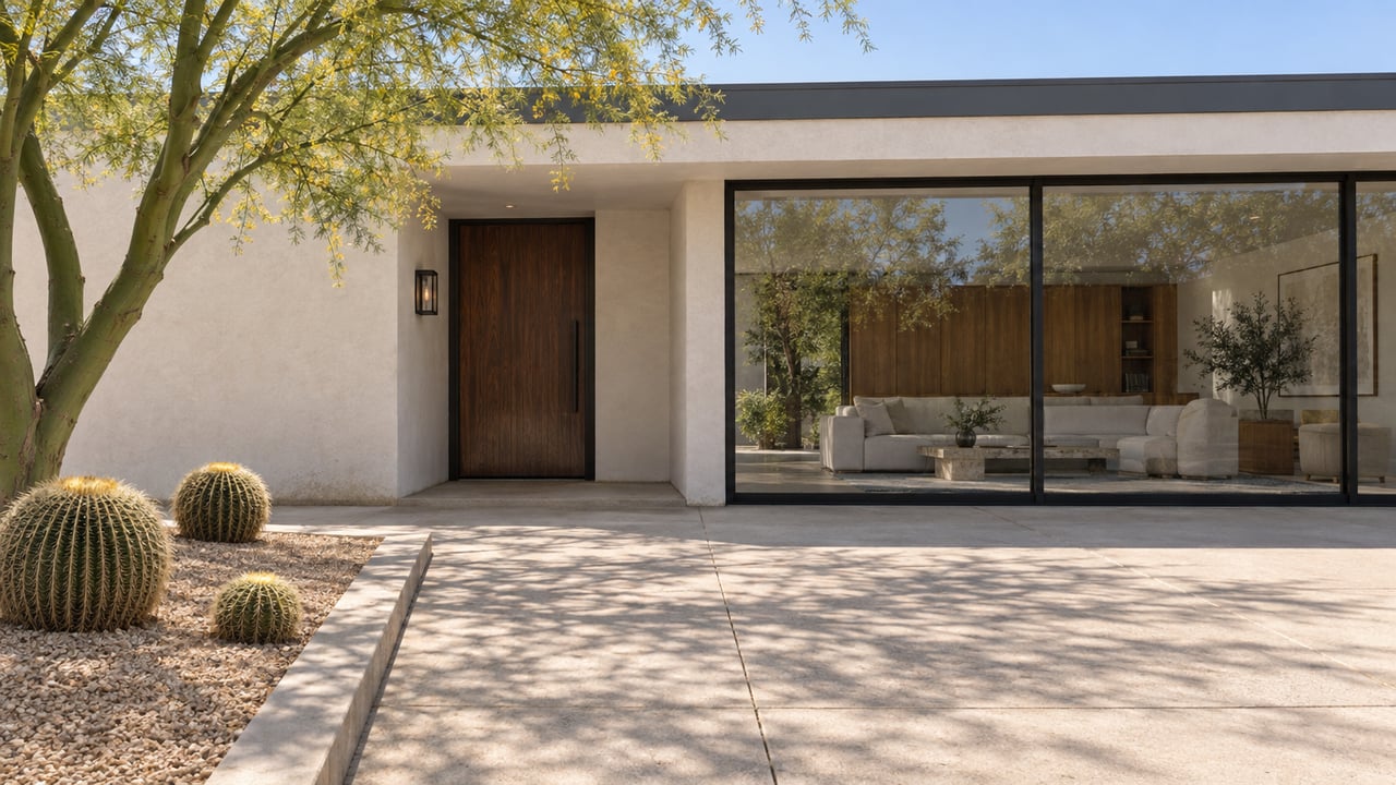 Sunlit low-roofed home with a recessed walnut door, black-framed glazing, and a spacious concrete garden approach beside a sculptural green-trunked tree and three barrel cacti.
