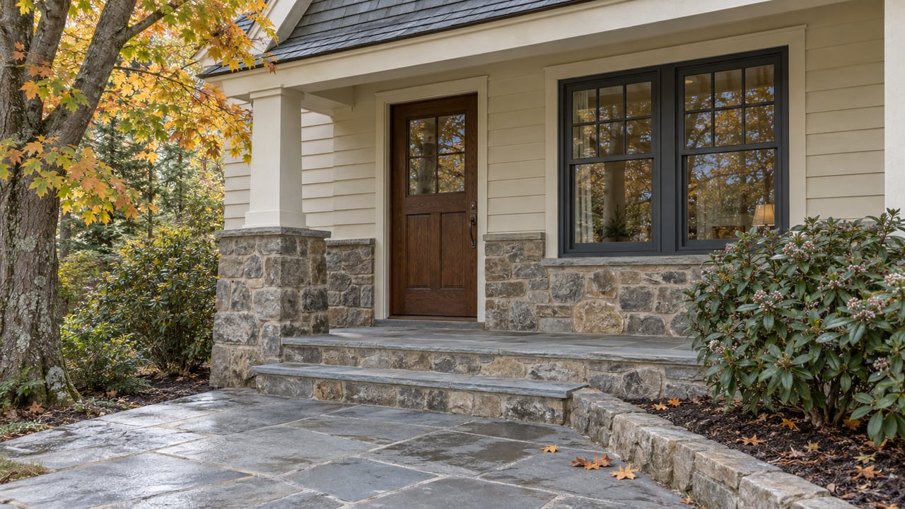 Autumn daylight on a stone and ivory-sided home with a closed oak entry door, divided-light window and worn bluestone approach beside mountain laurel and a maple.