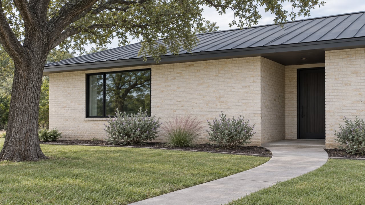 Cream-brick single-story house with a curving concrete walk, mature tree, and low garden bed.