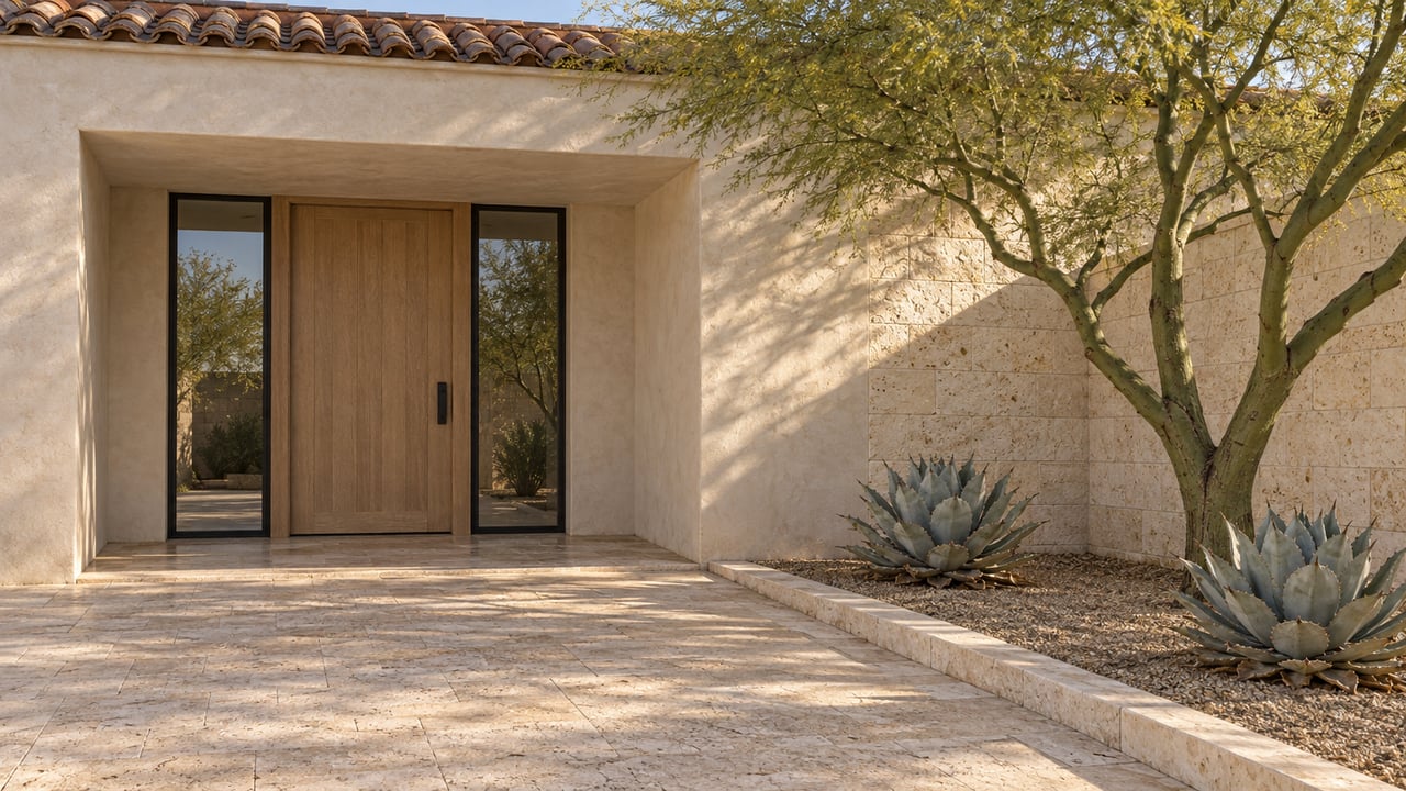 Recessed oak entry with paired glass sidelights, cream stucco, limestone and travertine beside a sculptural green-trunk tree and two silver agaves.