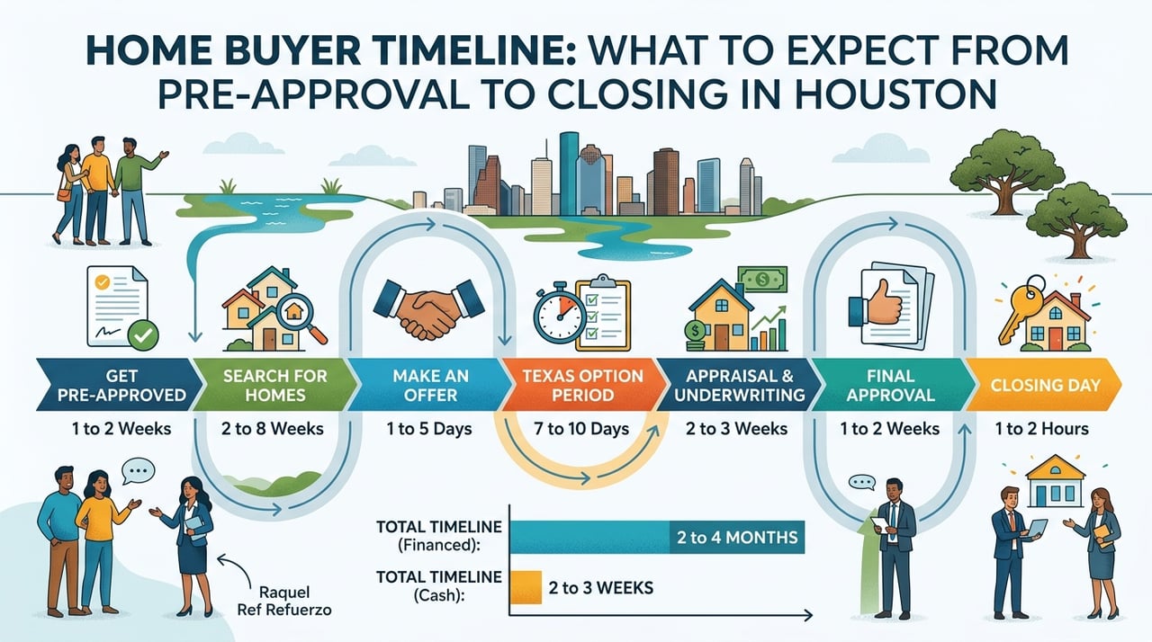 Houston home buyer timeline infographic: pre-approval to closing steps with durations, from 1–2 weeks to closing day, totaling 2–4 months.