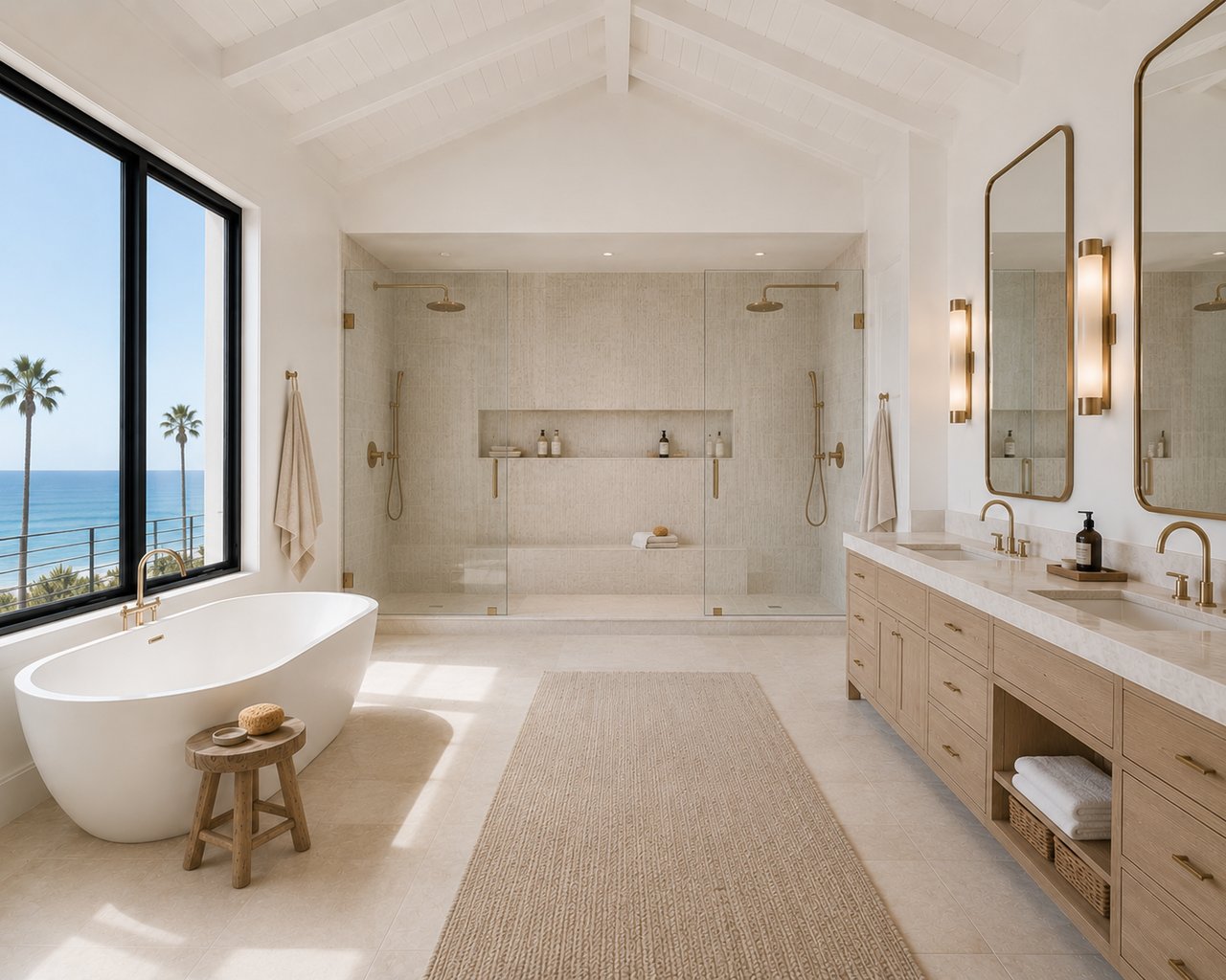 luxury master bath with ocean view and neutral aesthetic