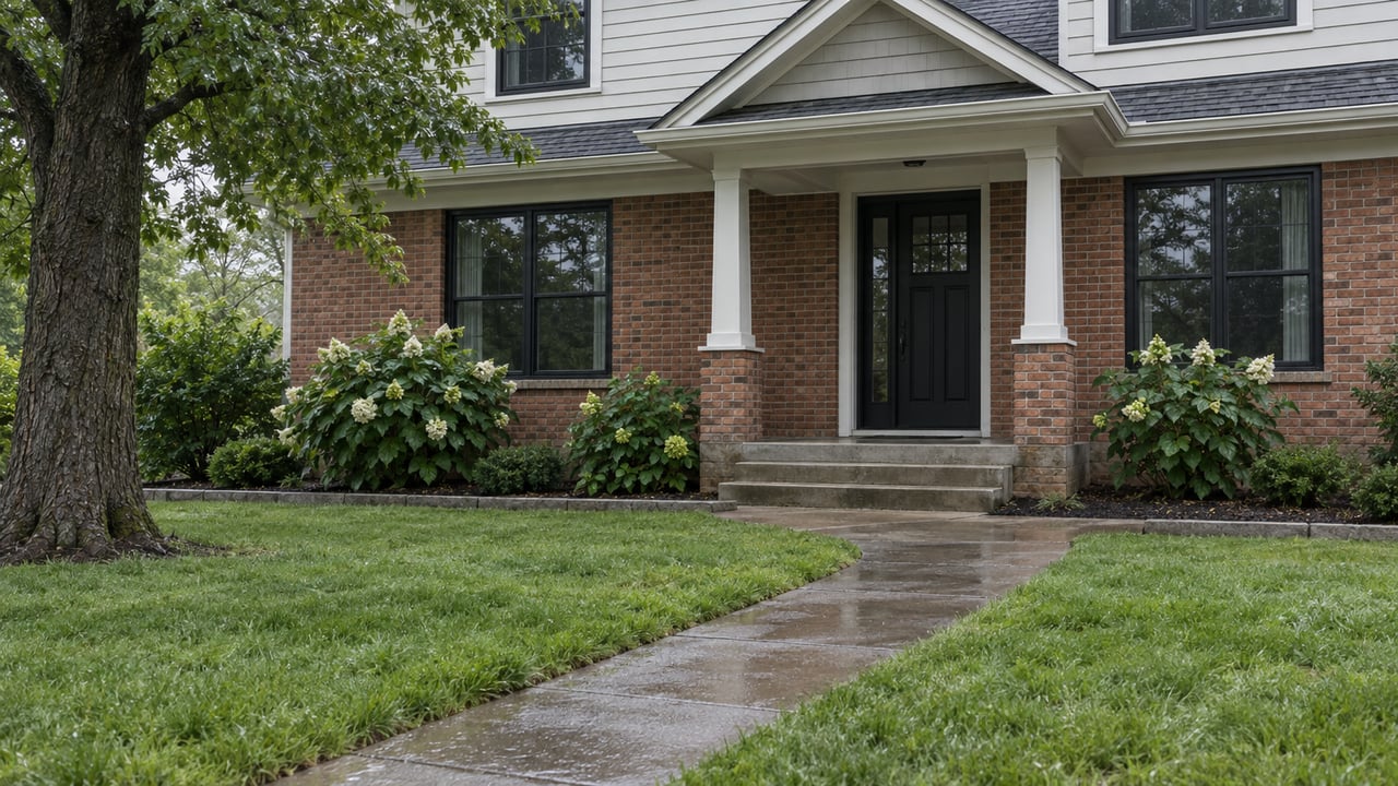 Brick-and-siding house with a black front door, wet concrete walk, broad lawn, and hydrangeas after rain.