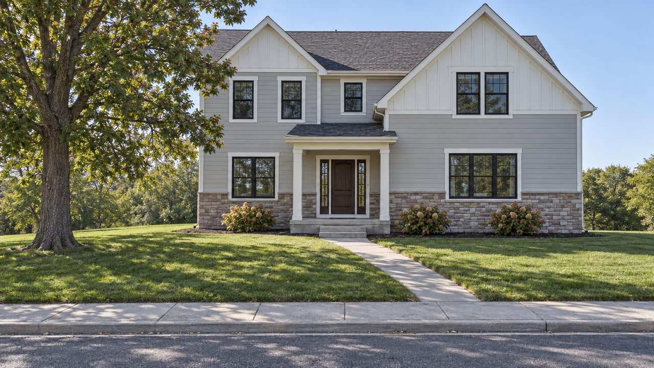 Pale-sided two-story home with dark-framed windows, a stone foundation, deep lawn and mature oak in clear afternoon light.