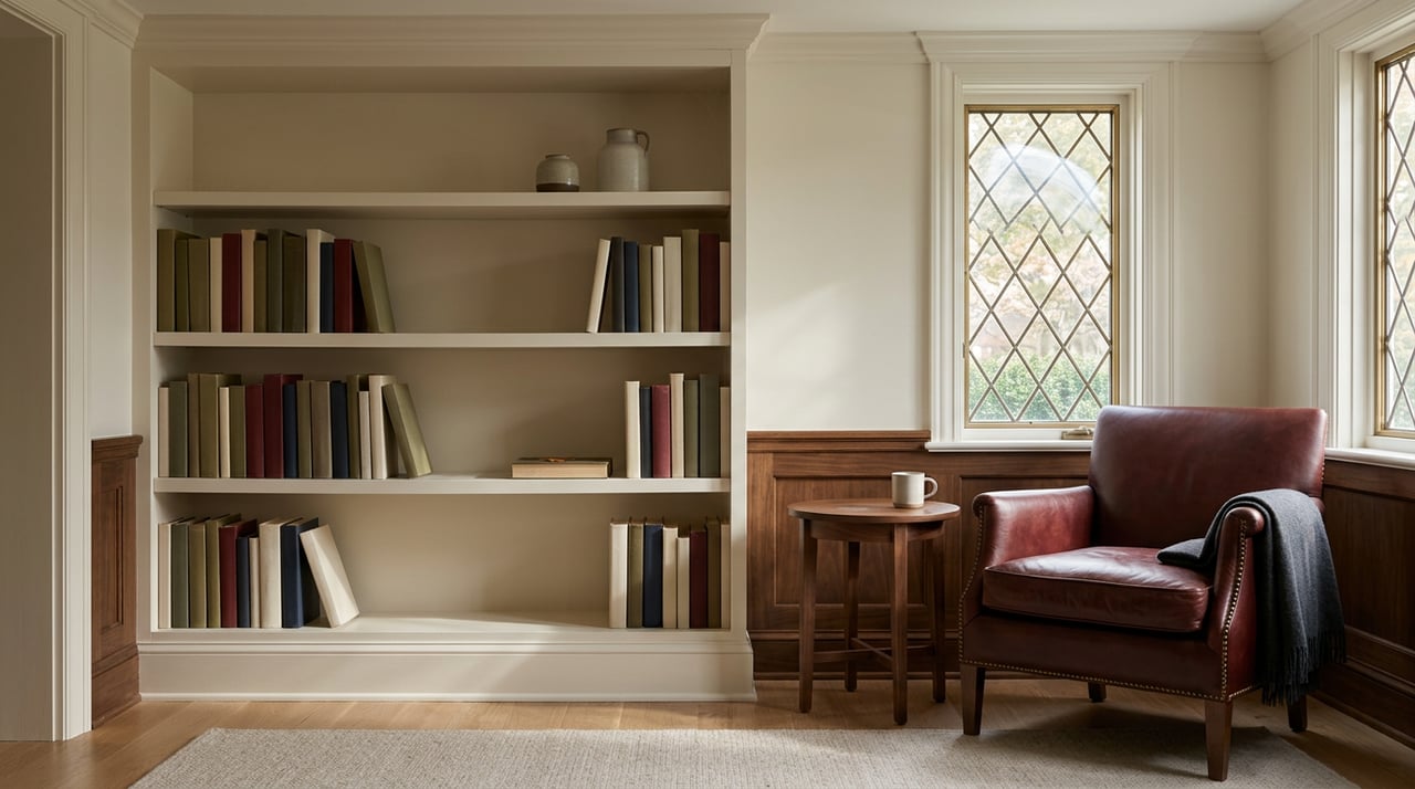 Paneled study with an off-white bookcase, oxblood leather chair, walnut table, and leaded-glass window.