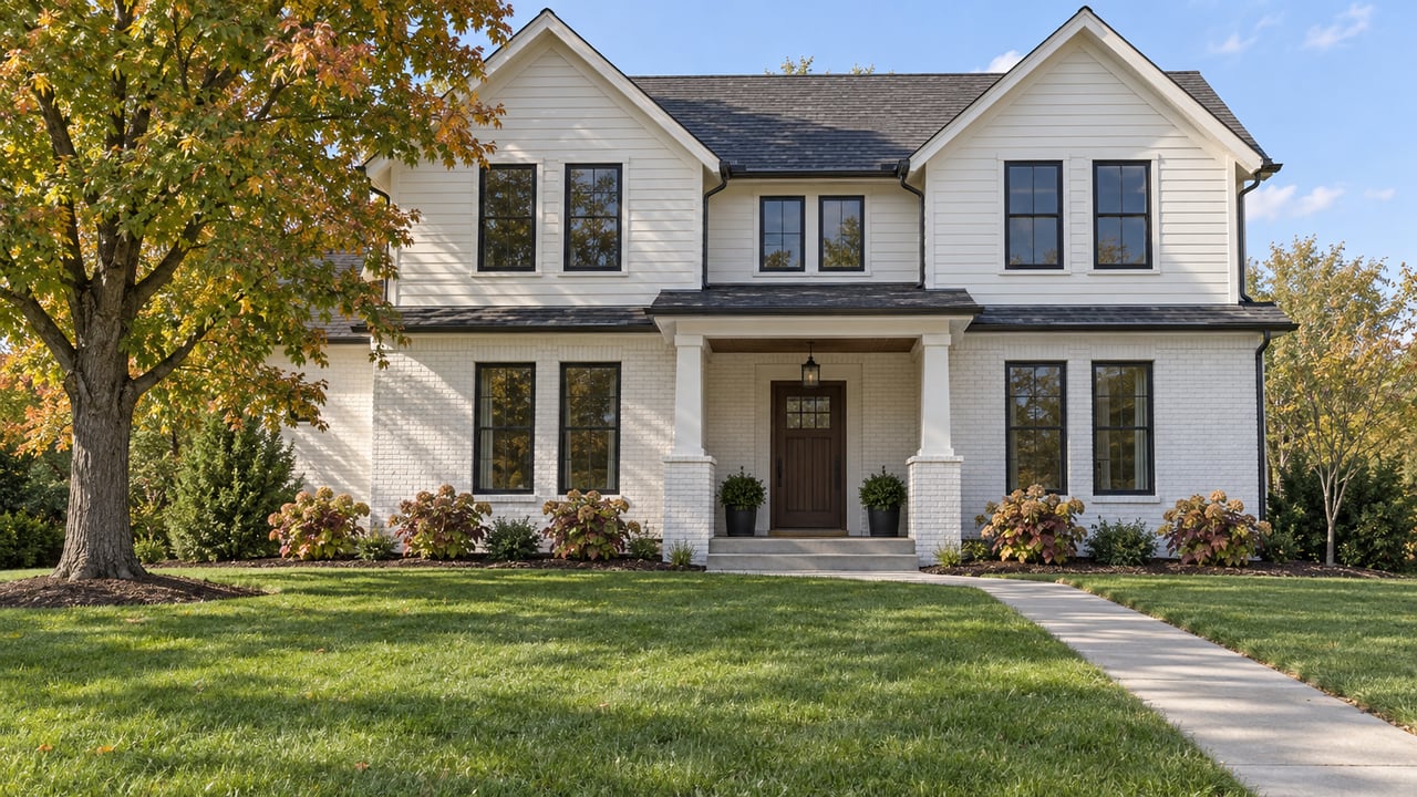 White brick and lap-sided home behind a broad lawn, with dark gables, a covered entry and an amber-tipped maple.