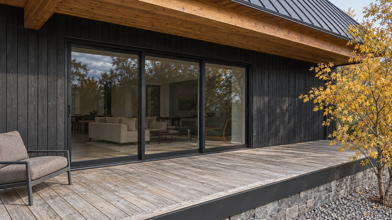 Autumn light falls across a cedar terrace beside black siding, timber soffits and enclosed sliding glass doors, with a stone base and a yellow-leaved maple.