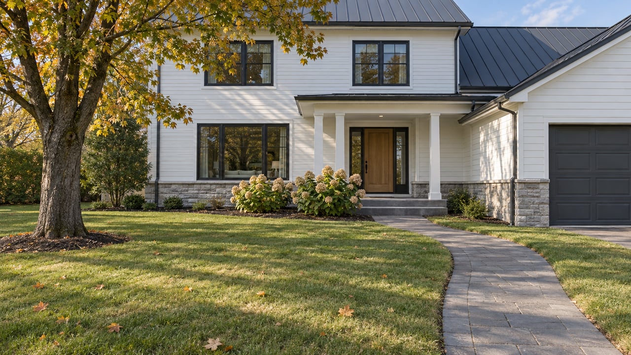 White two-story home with dark windows, a covered oak-door entry, curved paver approach, broad autumn lawn, and a golden sugar maple.