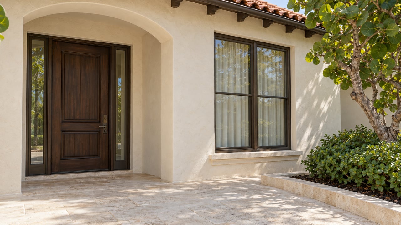 Cream stucco home entry with a terracotta roof, dark timber door, bronze-framed windows and a pale limestone terrace beside sculptural tropical planting.