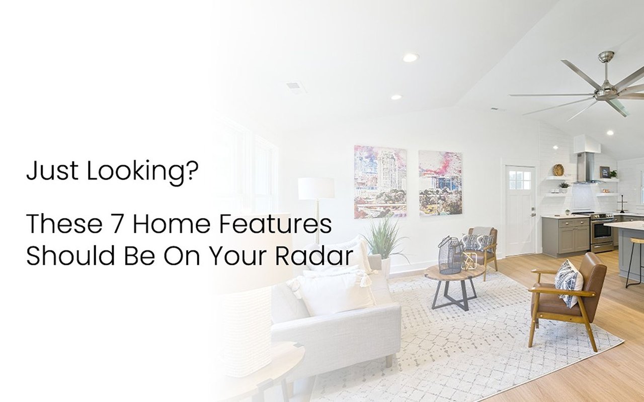 Blog banner about seven home features, over a bright open-plan living room and kitchen.