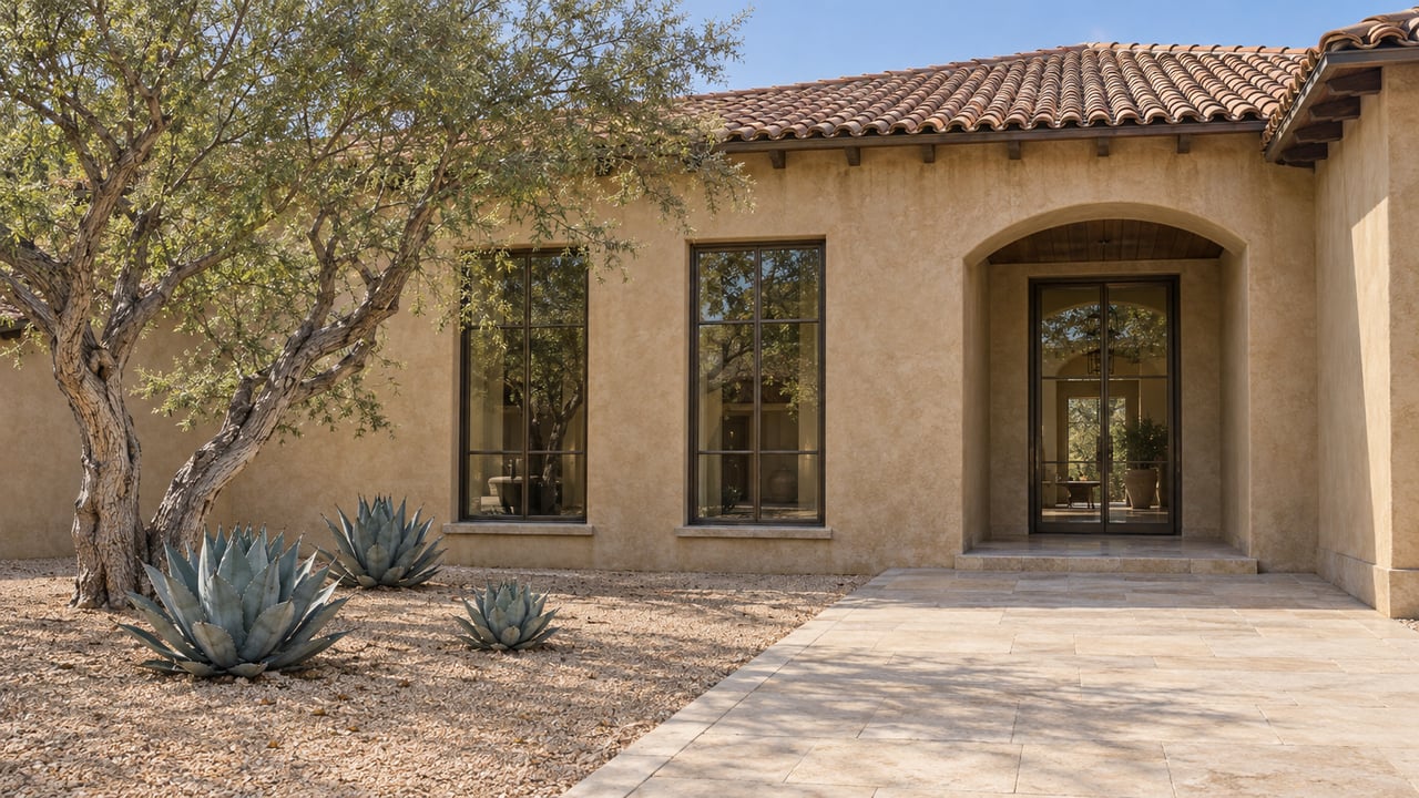 Sunlit stucco estate entry with clay roof tiles, bronze-framed glass, limestone paving and a sculptural ironwood in a gravel courtyard.