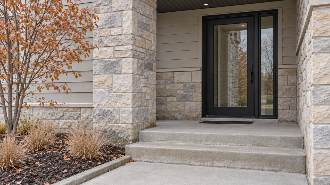 Close view of a stone and pale-sided home entrance with black-framed glazing, concrete steps, and copper autumn leaves.