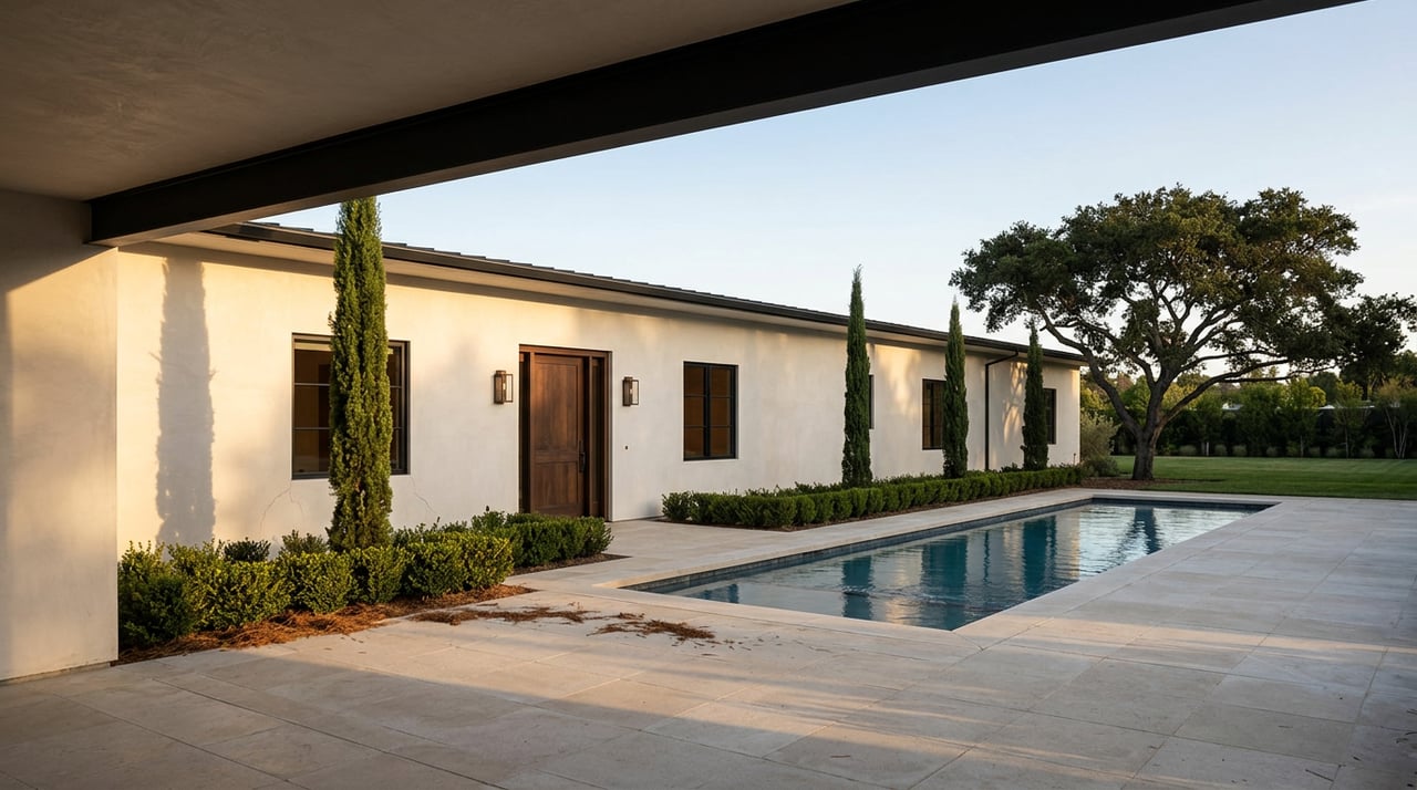 Contemporary estate facade with a walnut entry door, three cypress trees, and a reflecting pool.