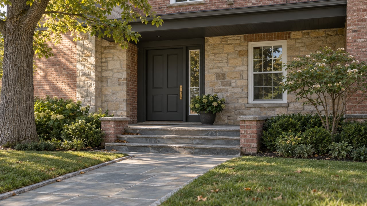 Brick-and-limestone home entrance with a charcoal door, bluestone steps, front walk, and autumn trees.