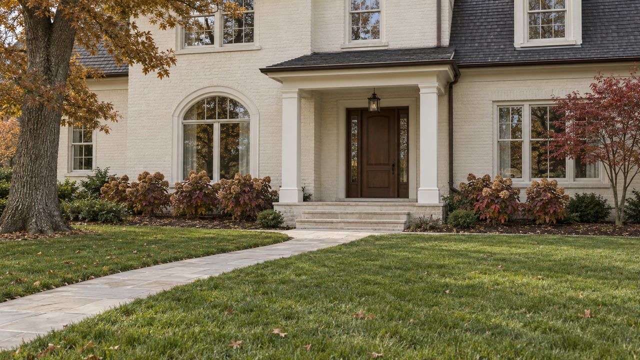 An ivory brick house with an arched window, walnut front door, limestone steps, and a deep autumn lawn beneath a mature oak.