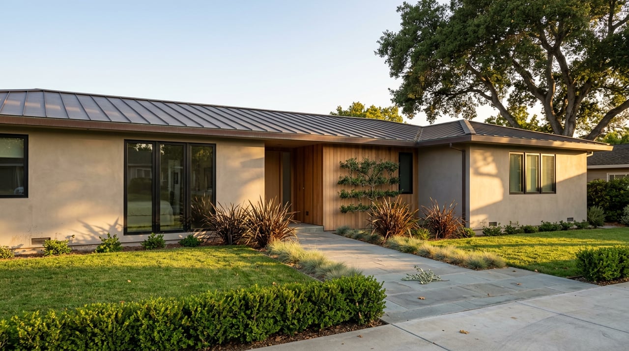 Contemporary stucco home with cedar entry, bluestone walkway, and mature oak shading the roofline.