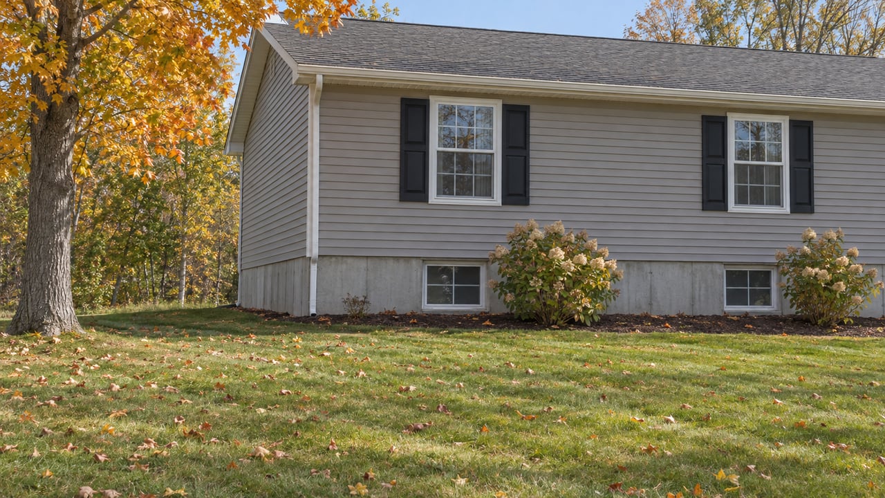 Greige raised-ranch home with black shutters, exposed concrete foundation, autumn lawn, and a sugar maple.