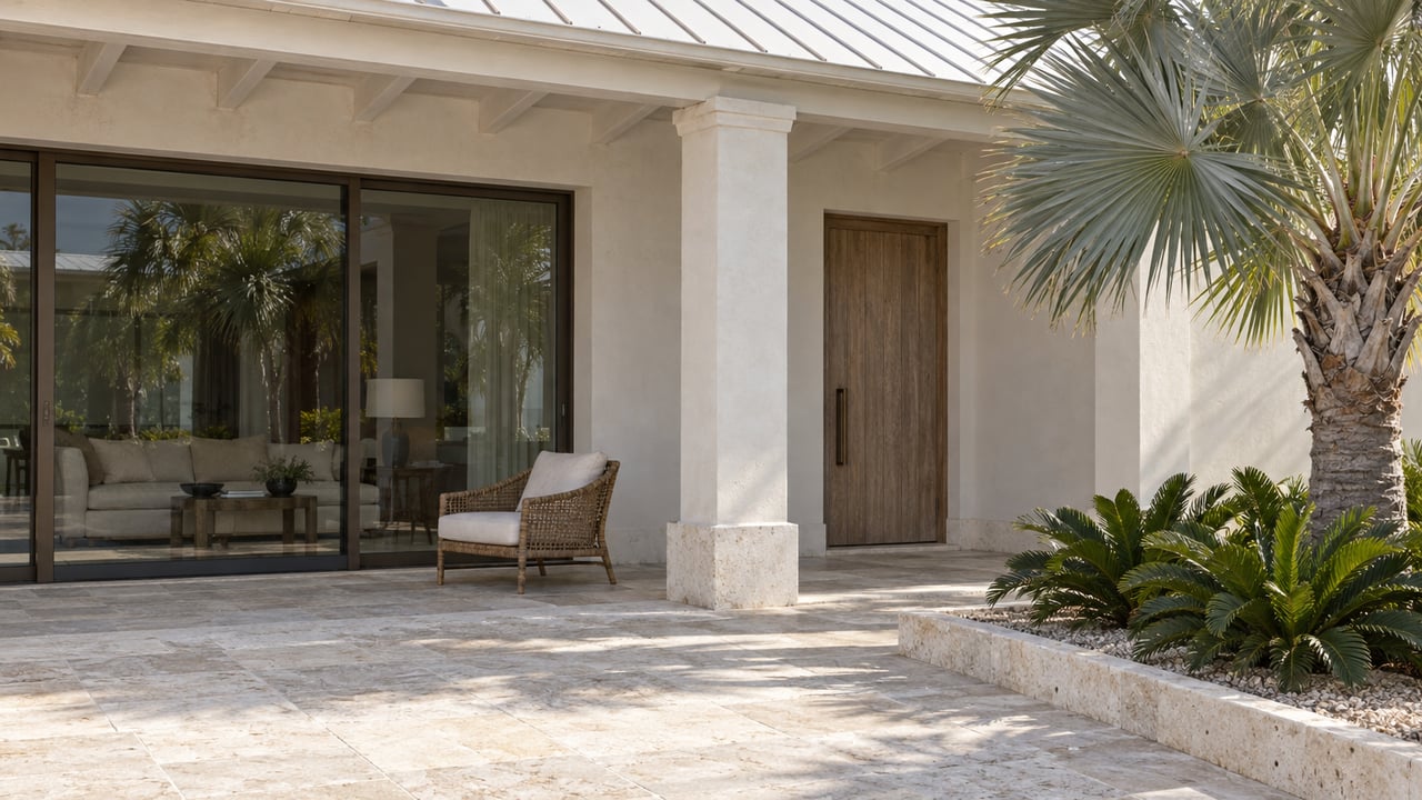 Sunlit limestone terrace beside an ivory villa, with bronze-framed glass doors, a woven chair and a silver fan palm in a raised planting bed.