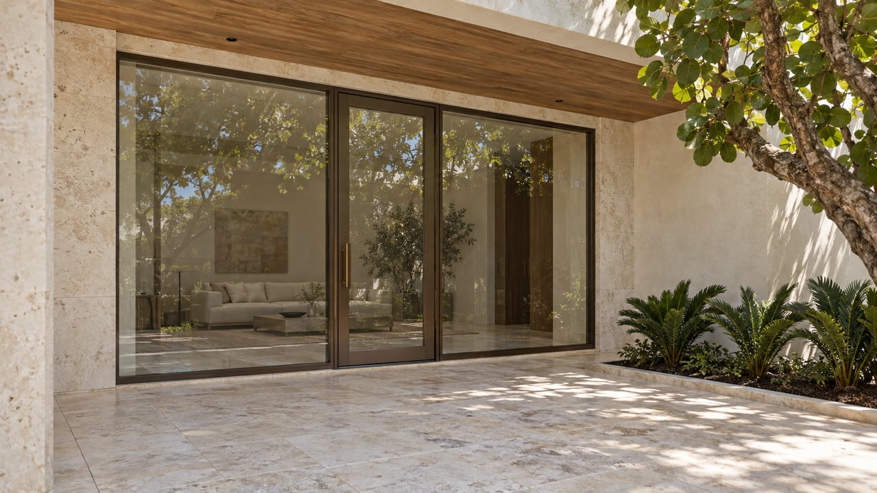 Limestone entry court with a bronze-framed glass door, wood soffit, and sea grape canopy.