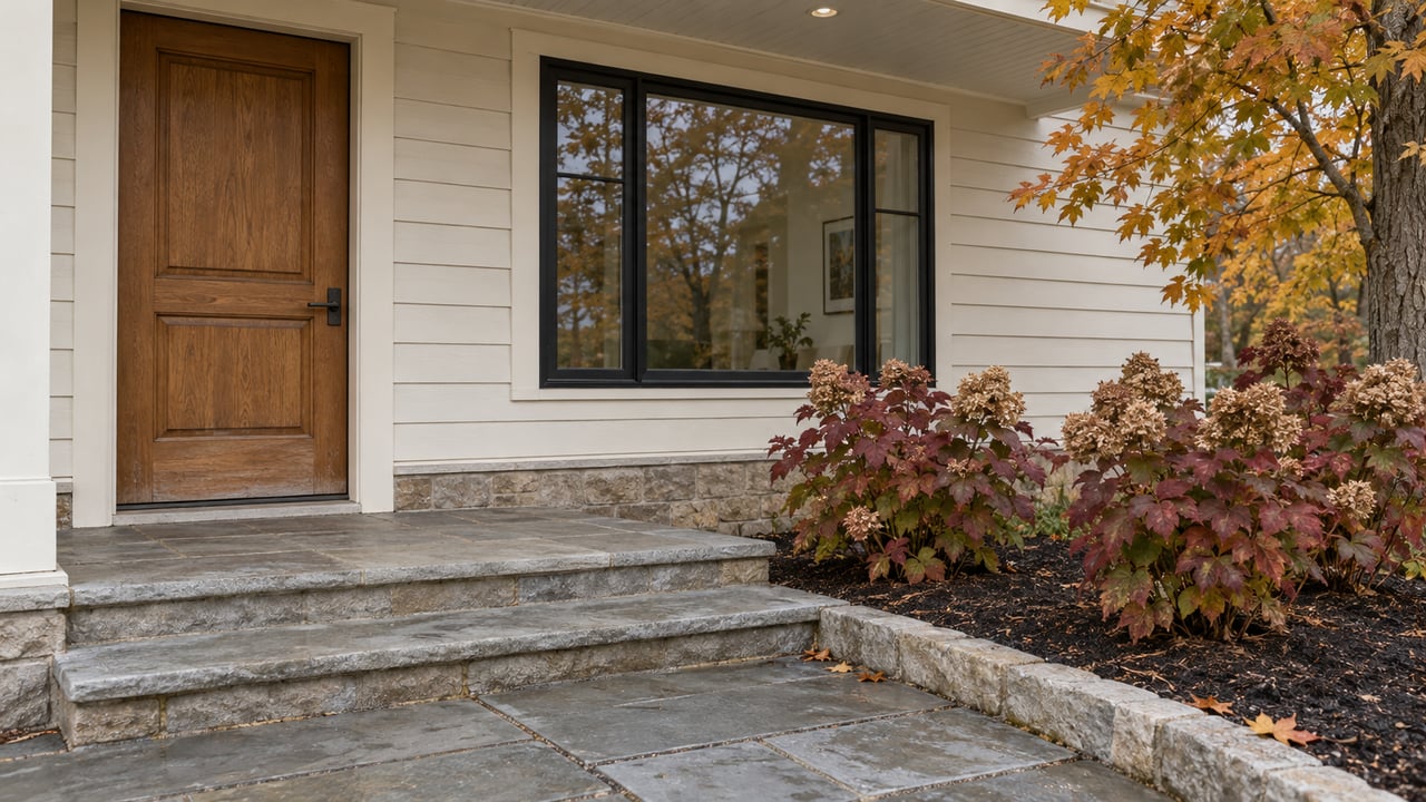 Cream-sided home with an oak front door, black-framed window, limestone porch steps and autumn foliage.