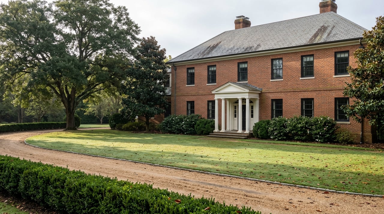 Brick estate home with white entry columns, a curved gravel drive, clipped hedges, and a mature spreading oak.