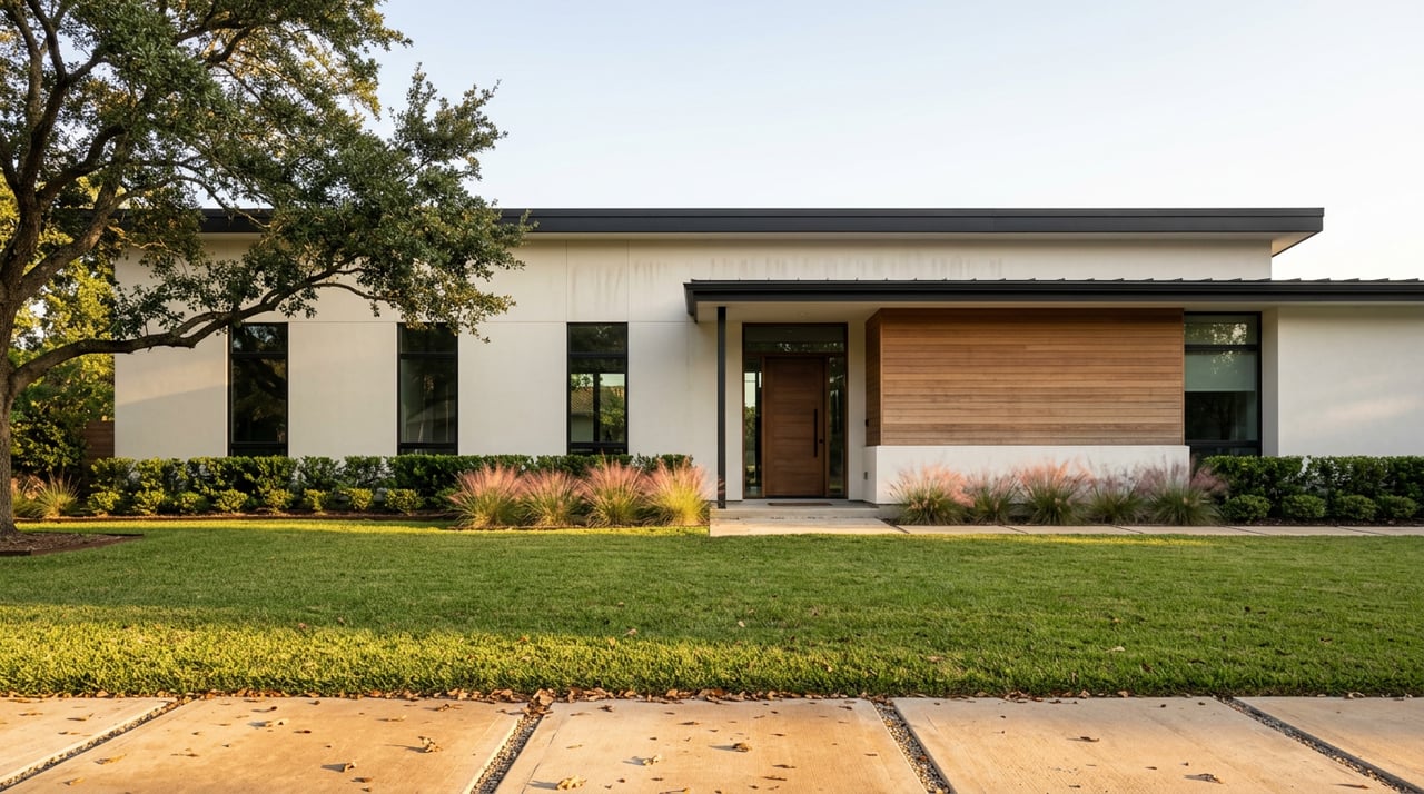 Single-story contemporary home with warm-white stucco, a wood entry door, broad lawn, and live oak canopy.