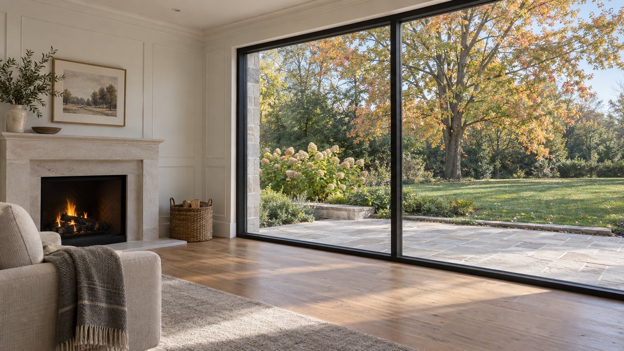 Living room with black-framed glazing, limestone fireplace, and an autumn garden beyond the terrace.
