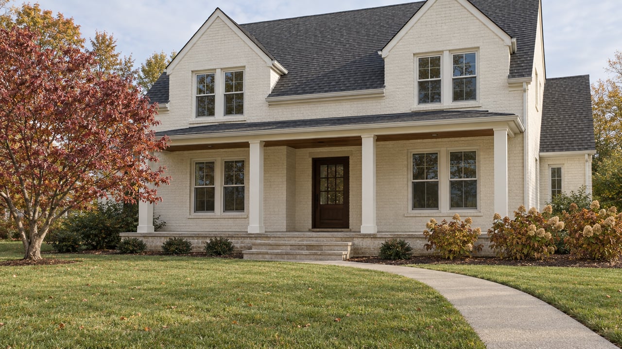 Two-story ivory brick home with a sheltered wood entry, broad front lawn and burgundy dogwood foliage.