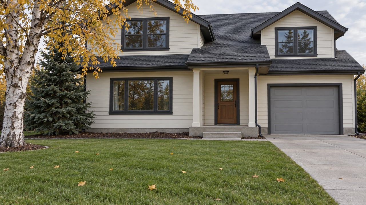 A cream-sided gabled house with an attached garage, a deep autumn lawn, golden paper birch and a white spruce under soft cloudy light.