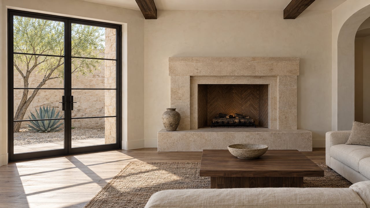 Limestone fireplace and cream sofa beside glazed double doors opening onto a courtyard with a desert tree.
