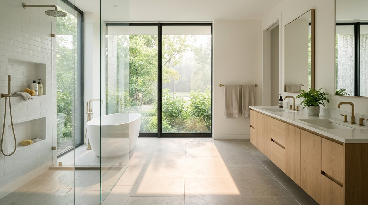 Matte-white freestanding tub beneath a screened window, with pale stone tile and a brass floor-mounted faucet.