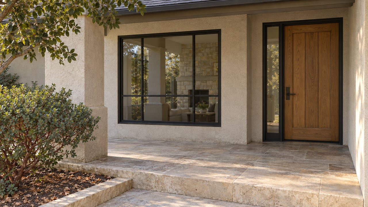 Morning light on a pale stucco porch with an oak entry door, black-framed window, limestone steps and sculptural manzanita.